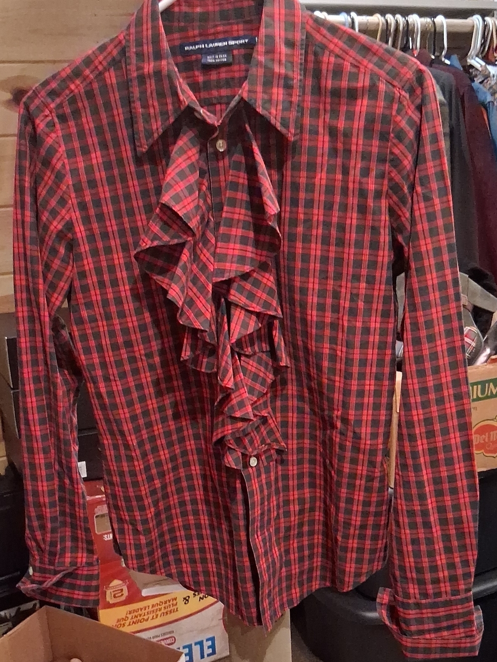 Ralph Lauren Red and Black Plaid Ruffle-Front Dress Shirt